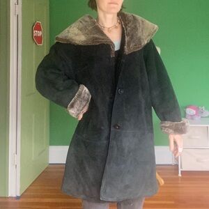 Vintage Blue Duck Dark Green black two tone genuine shearling leather Coat